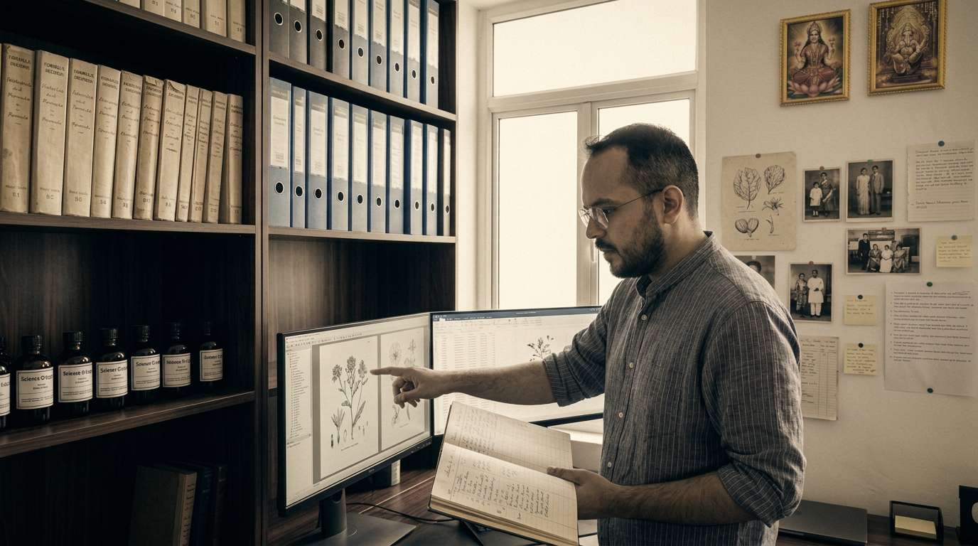 Present-day stewardship — formula binders, bottled records and family photographs at the archival workstation