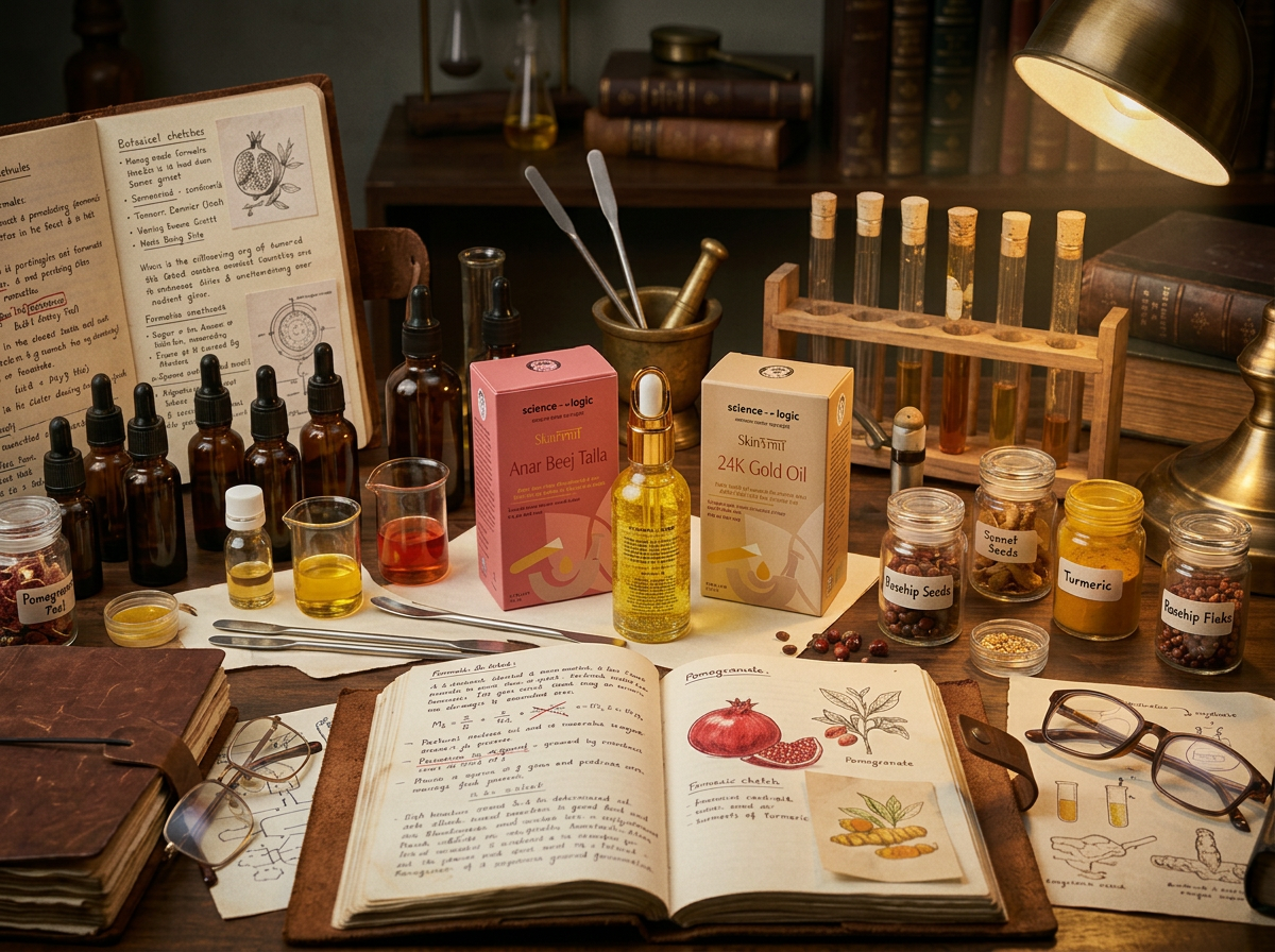 Formulation bench — Anaar Beej Taila and 24K Gold Oil amid botanical ingredients, ledgers and laboratory glassware