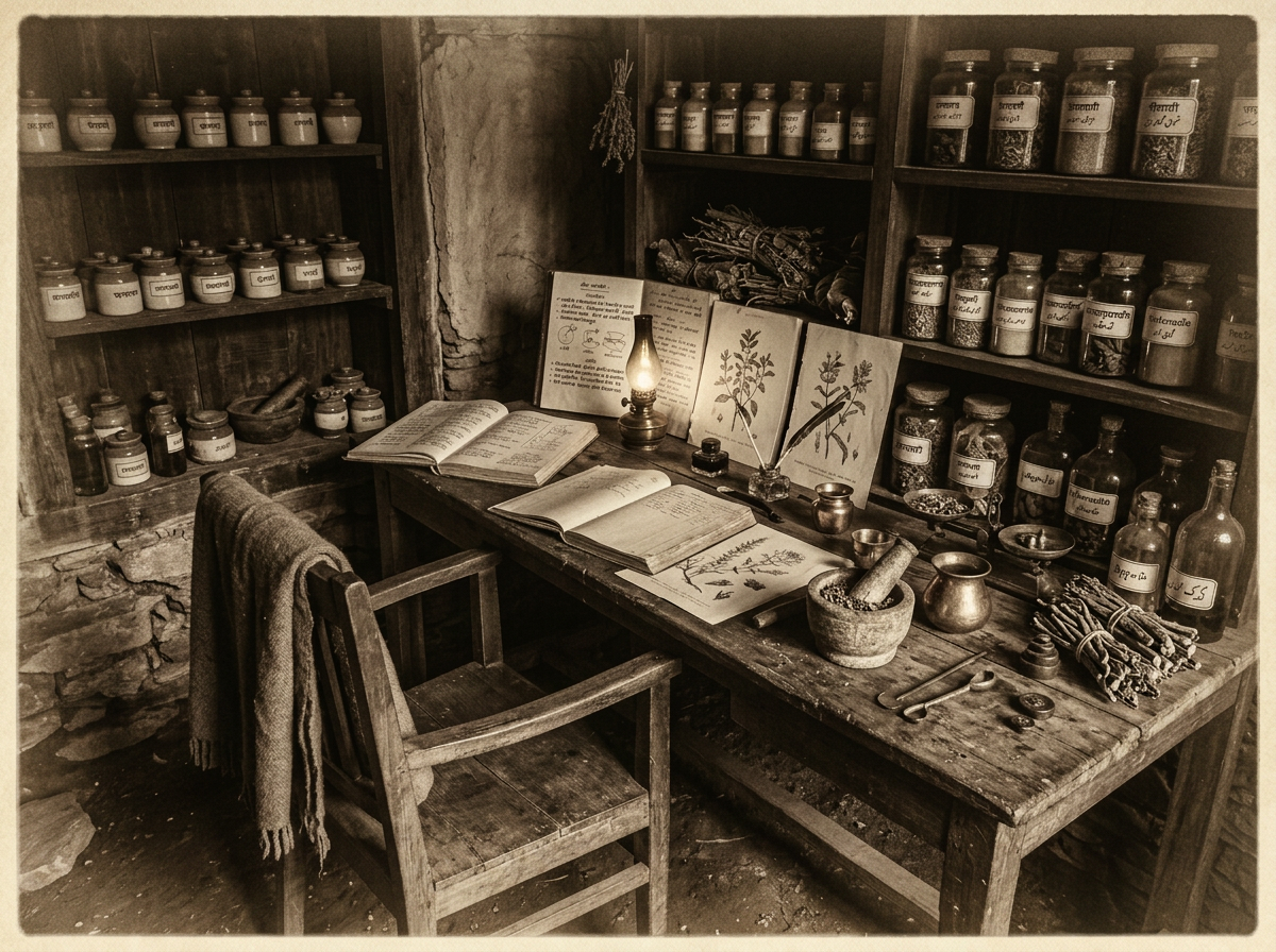 Archival reconstruction — a nineteenth-century Hakim's apothecary: oil lamp, ledgers, mortar and labelled jars