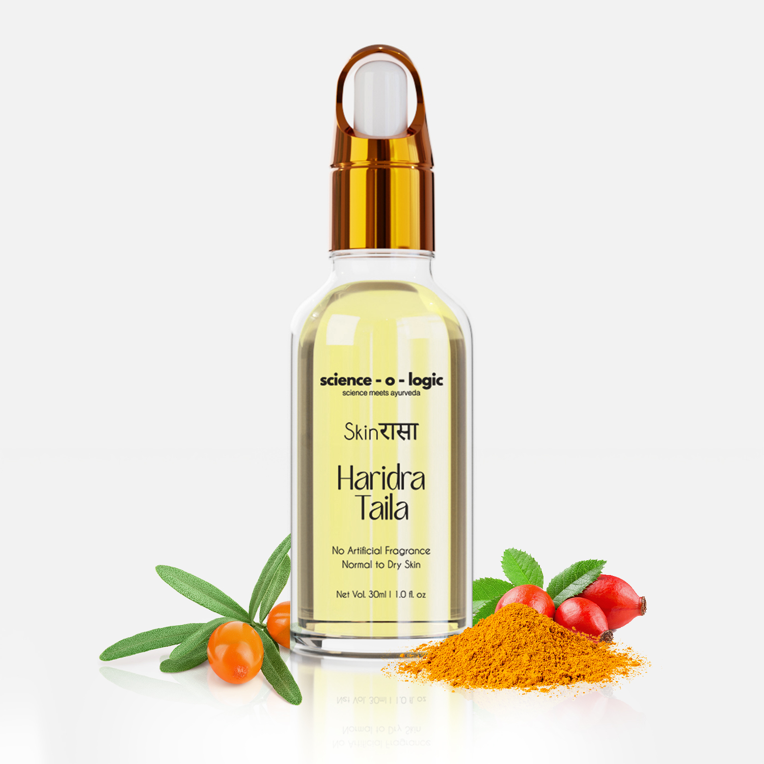 Botanical evidence — turmeric powder, rosehips and sea buckthorn beside the Haridra Taila bottle