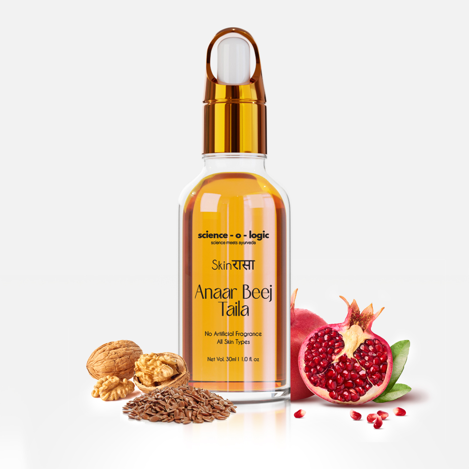 Botanical evidence — pomegranate, walnut and seed composition beside the Anaar Beej Taila bottle