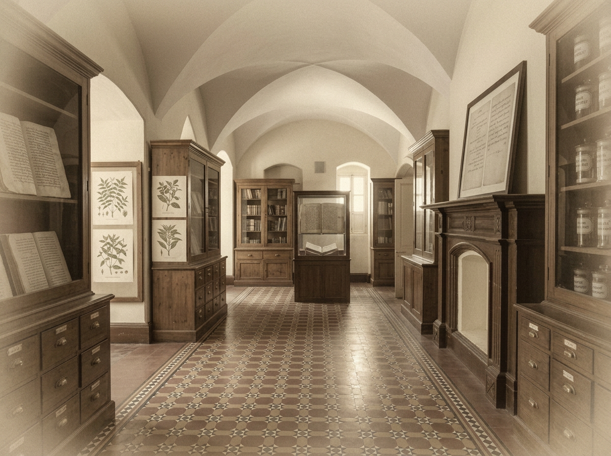 Apothecary archive interior — botanical plates, manuscript on stand, cabinets of remedies preserved across generations